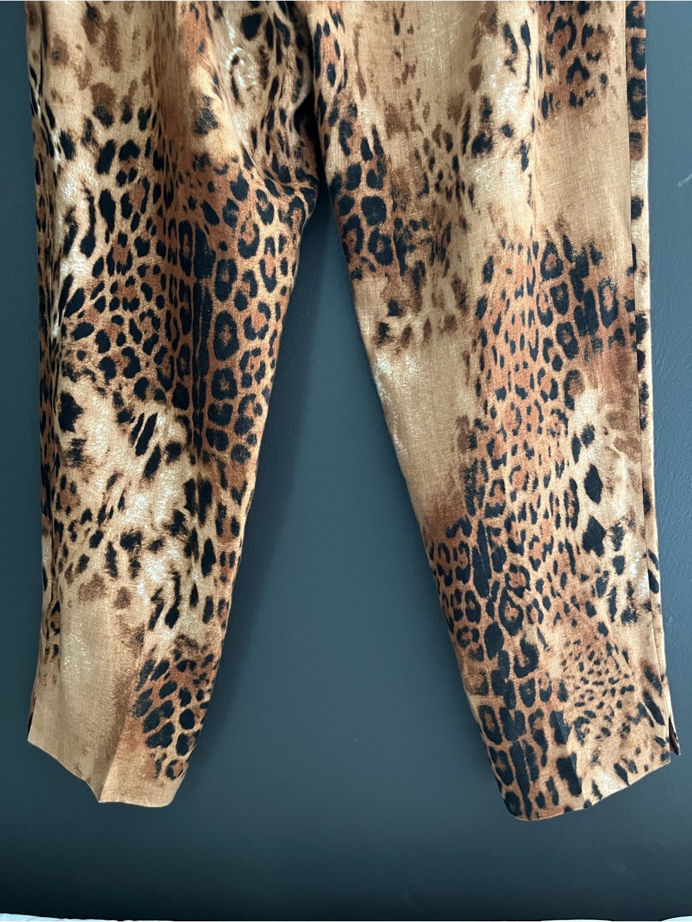 Vintage Leopard Print High Waist Slim Tapered 100% Linen Pants - Brown & Black - Picture 7 of 13